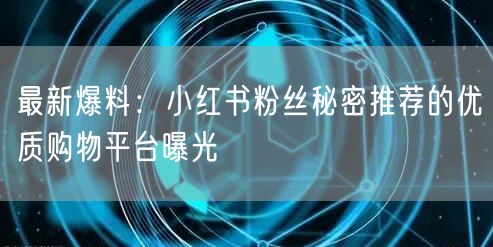 最新爆料：小红书粉丝秘密推荐的优质购物平台曝光